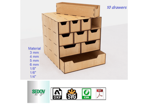 Laser Cut Organizer Box of 10 Drawers